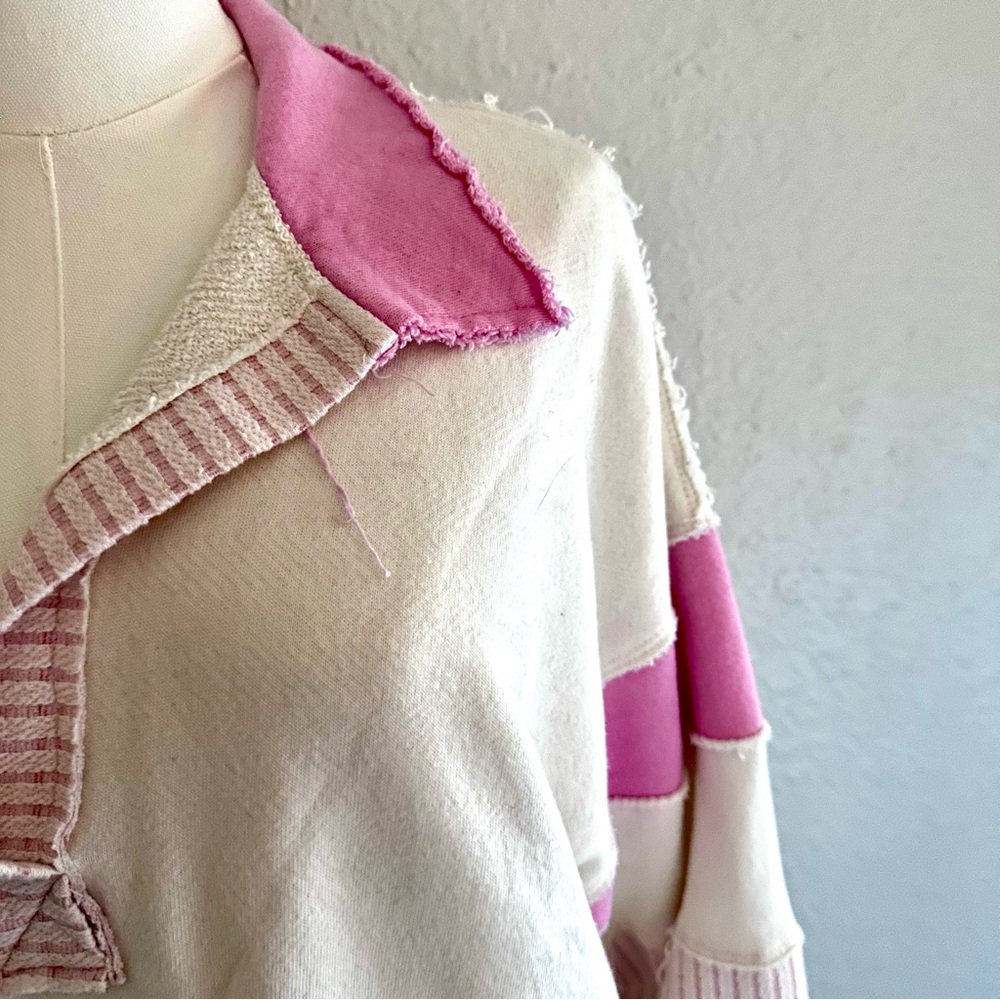 The POST Patchwork Pink & Cream Rugby Pullover – Raw Hem – Size S - Picture 3 of 10